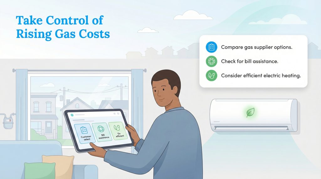 Illustration of a man using a tablet with options to compare gas suppliers, check for bill assistance, and consider electric heating.
