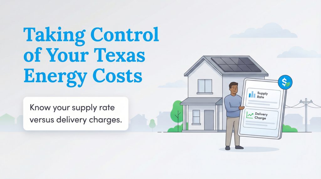 A man compares energy supply rates and delivery charges on a tablet outside a house with solar panels.