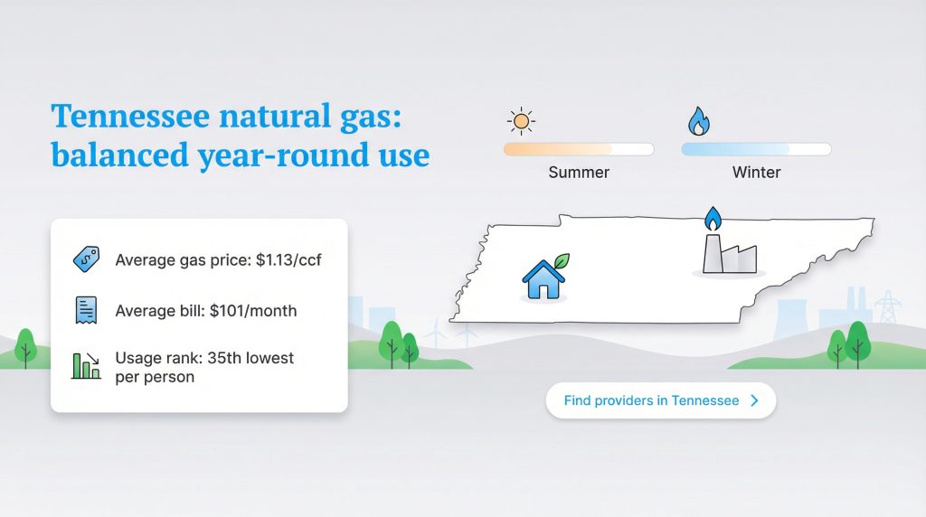 Infographic detailing Tennessee's balanced natural gas usage, including average prices, bills, and usage rank.