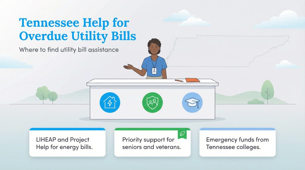 Graphic showing Tennessee utility assistance via LIHEAP, senior priority support, and college funds.