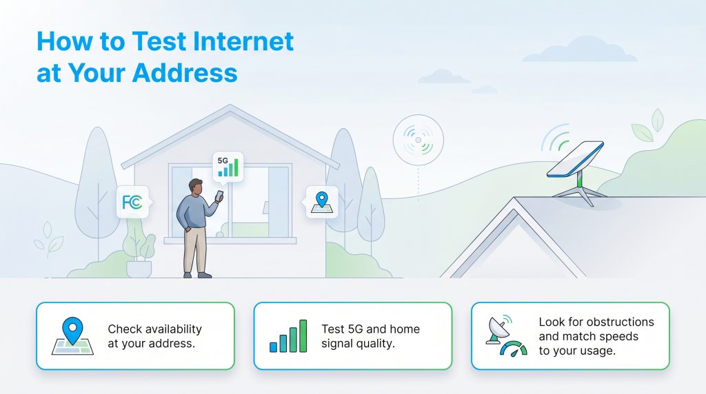 Illustration of a person testing 5G and a satellite dish, with steps to check internet availability.