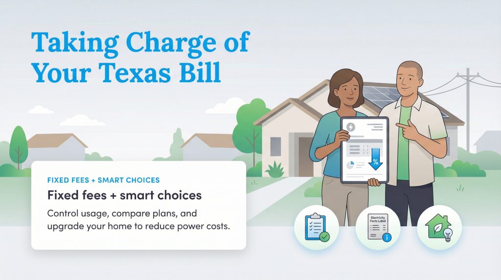 A couple outside their home holds a document, with icons for bill management strategies below them.