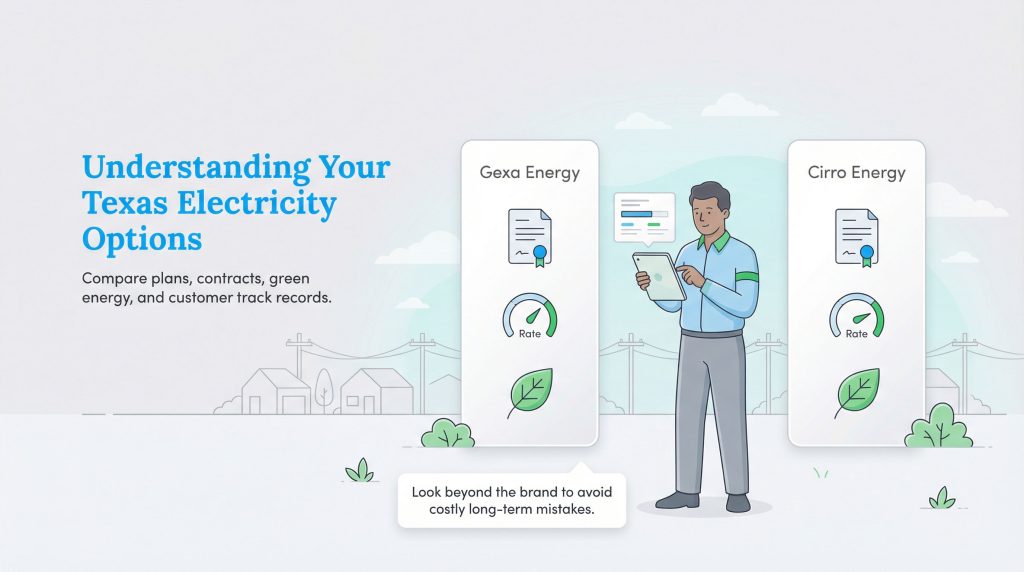 Man comparing Gexa Energy and Cirro Energy plans on a tablet in a Texas landscape.