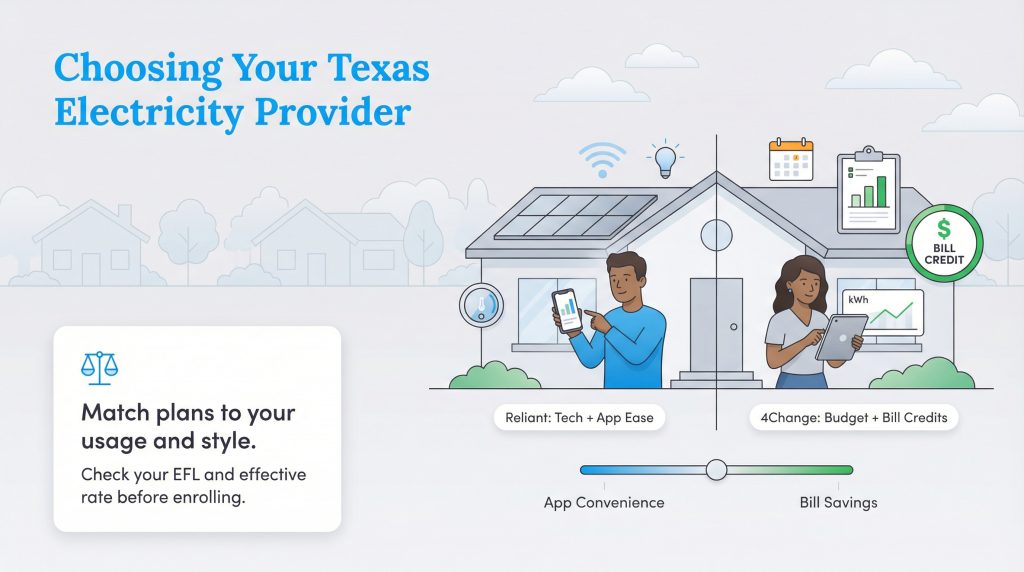 Infographic comparing Reliant's tech-focused plans and 4Change's budget and bill credit options.