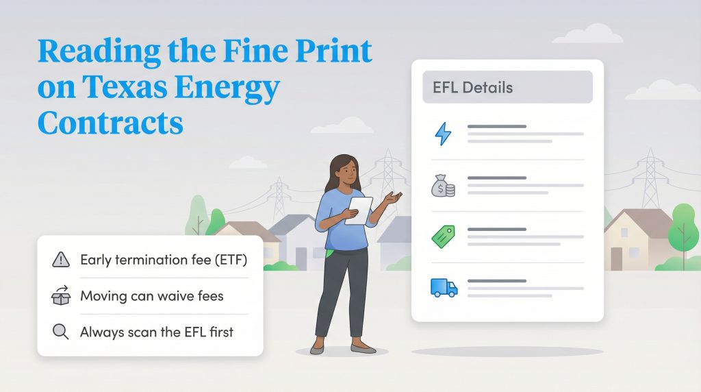 Illustration of a woman reviewing a Texas energy contract, highlighting key fine print details.