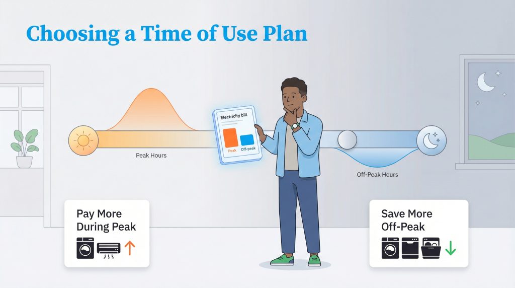 A man analyzes an electricity bill showing higher peak costs and lower off-peak costs, with icons for appliance usage.