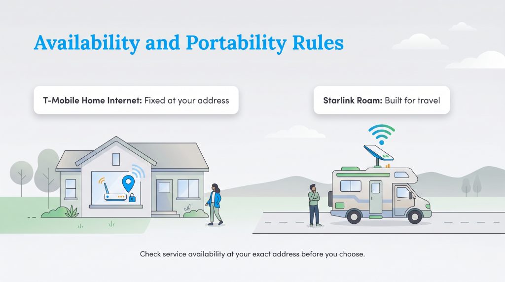 Illustration showing fixed T-Mobile Home Internet at a house and Starlink Roam on a traveling RV.
