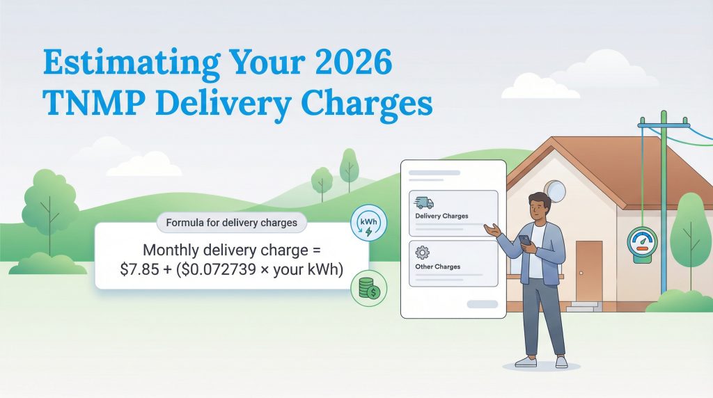 Graphic displaying the 2026 TNMP delivery charge formula: $7.85 fixed fee plus $0.072739 per kWh.