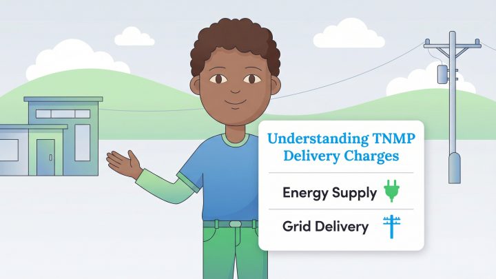 A person points to a sign explaining TNMP delivery charges, detailing Energy Supply and Grid Delivery.