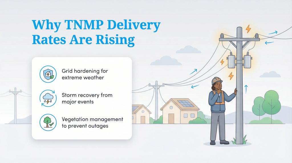 Infographic explains TNMP rate hikes are for grid hardening, storm recovery, and vegetation management.