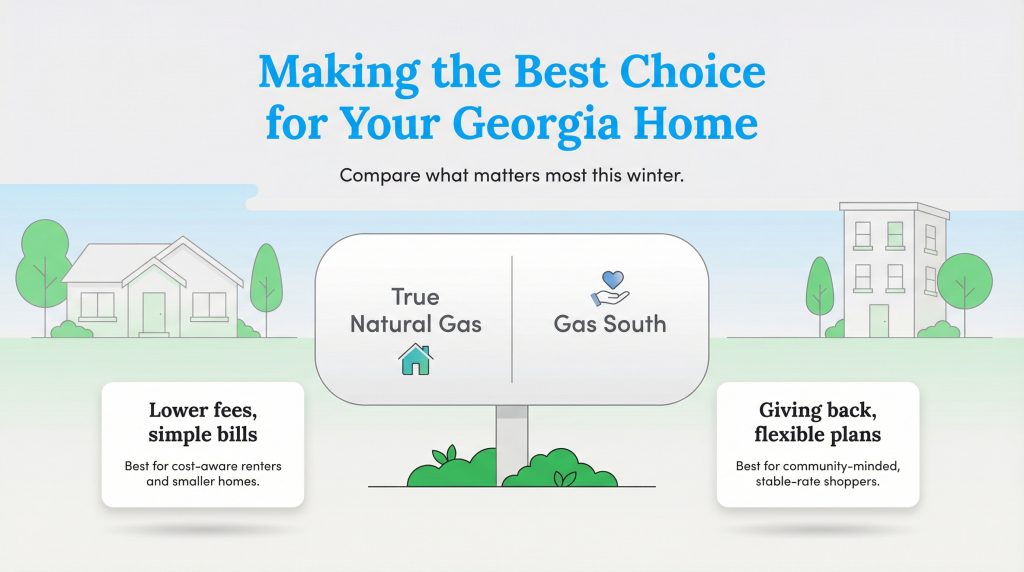 Infographic comparing True Natural Gas and Gas South benefits for Georgia homes.