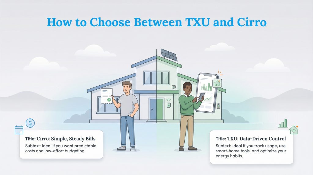 Infographic comparing Cirro for simple, steady bills versus TXU for data-driven smart home control.