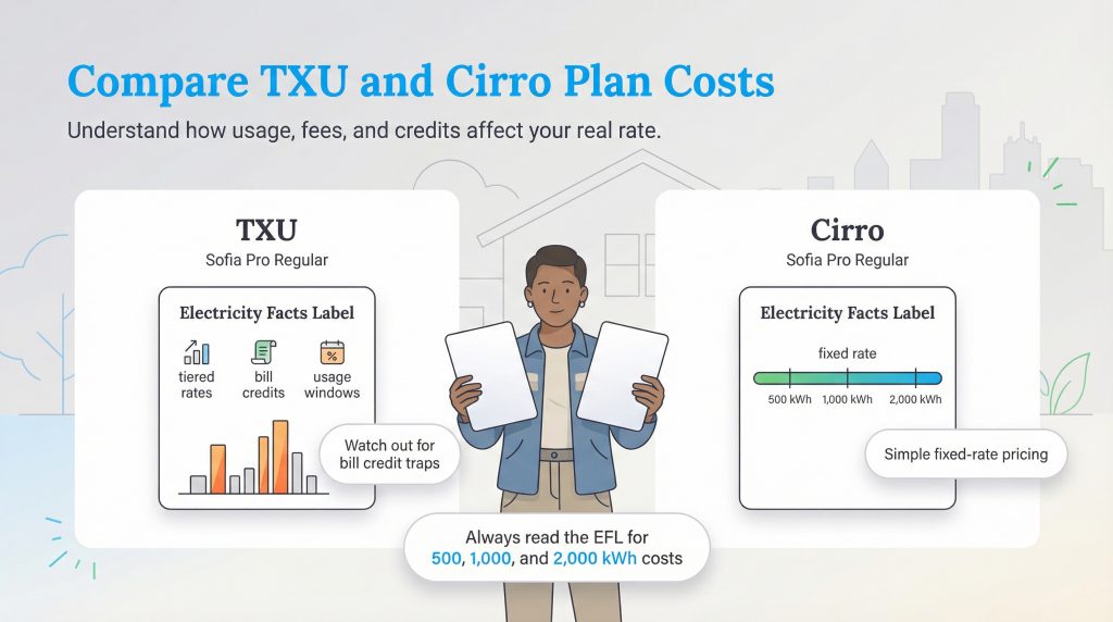 Illustration comparing TXU's complex tiered rates with Cirro's simple fixed-rate electricity plans.