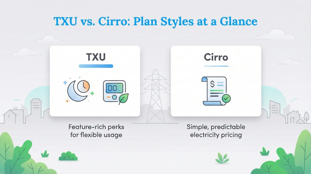 Infographic comparing TXU's feature-rich perks versus Cirro's simple, predictable electricity pricing.