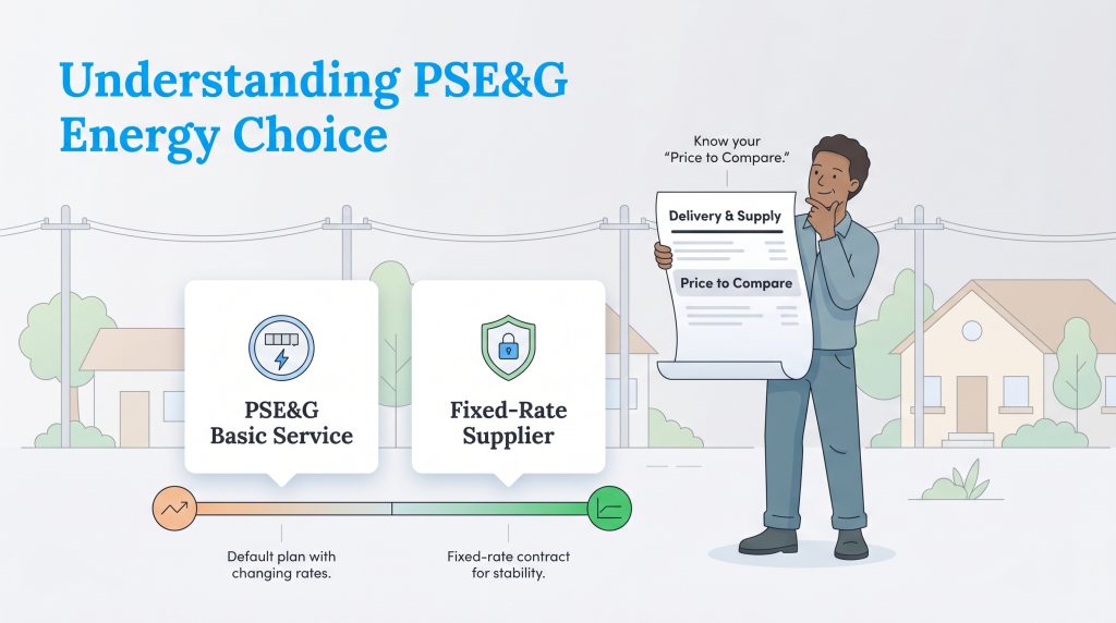 Infographic comparing PSE&G variable rates vs fixed-rate suppliers and locating the Price to Compare.