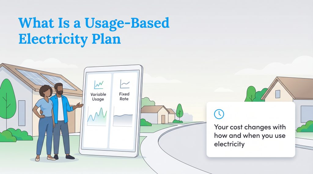 A couple views a tablet showing variable vs. fixed electricity rates, with text explaining costs change based on usage timing.