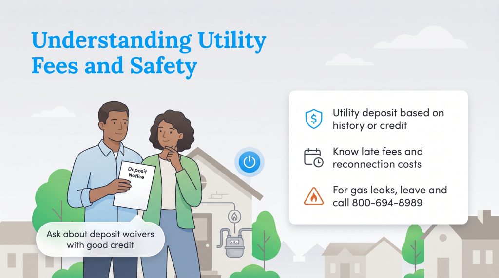 Infographic on utility deposits, late fees, and calling 800-694-8989 immediately for gas leaks.