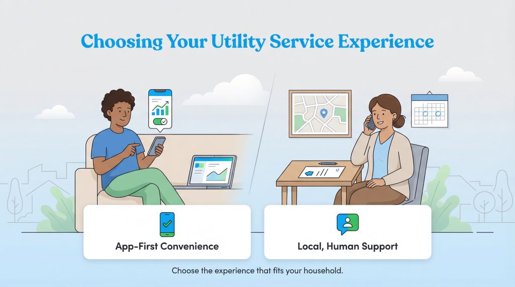Illustration comparing digital app-first utility management with local human support service.