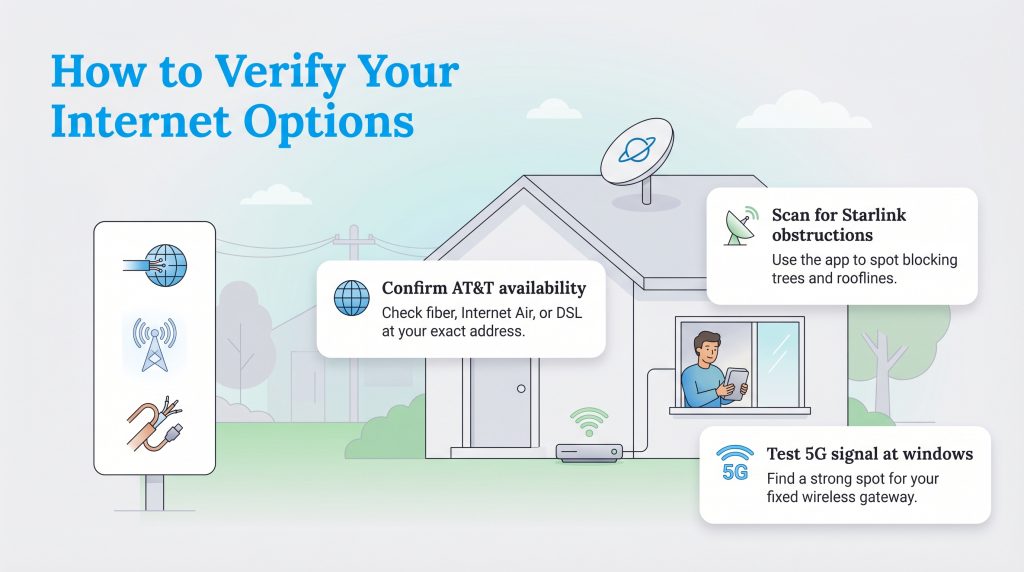 Infographic showing how to verify internet availability for AT&T, Starlink, and 5G services.