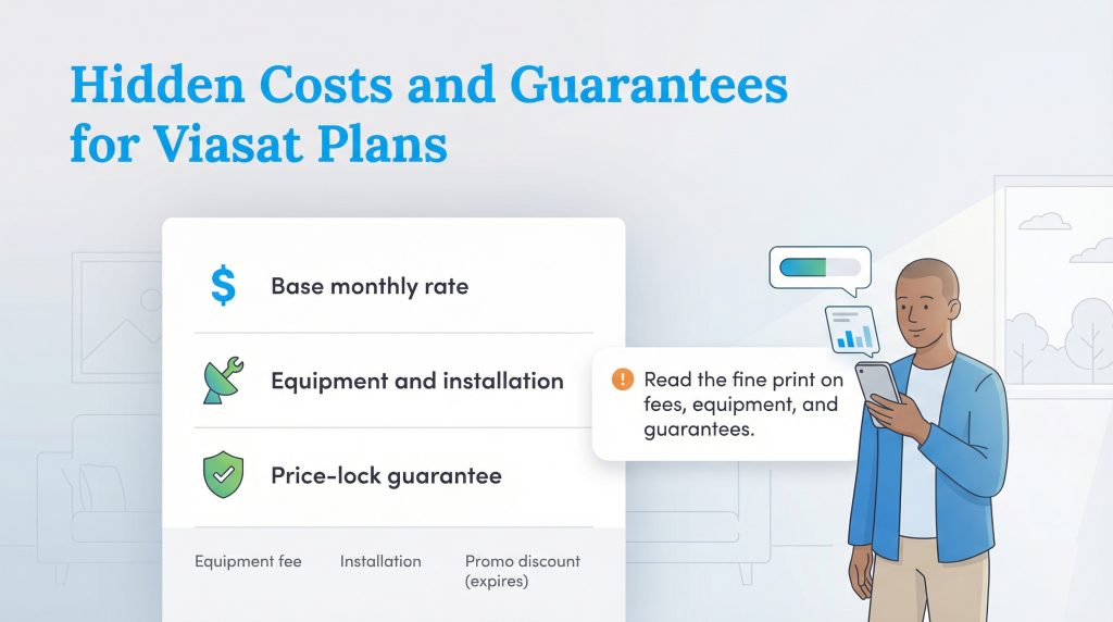 Illustration showing Viasat plan components: base monthly rate, equipment, price-lock, and a warning to read fine print.