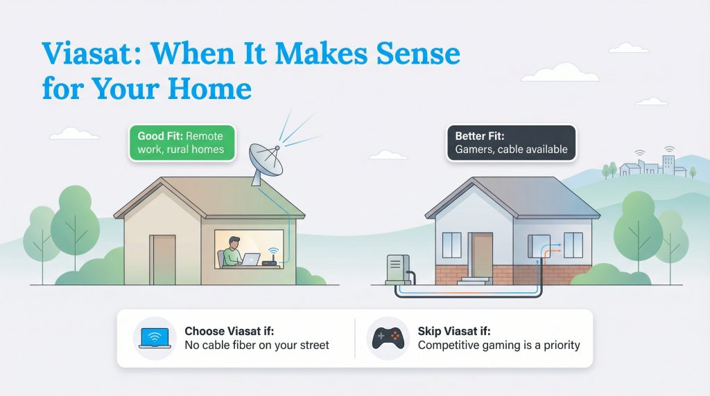 Viasat infographic: Ideal for rural remote work, less so for competitive gaming.