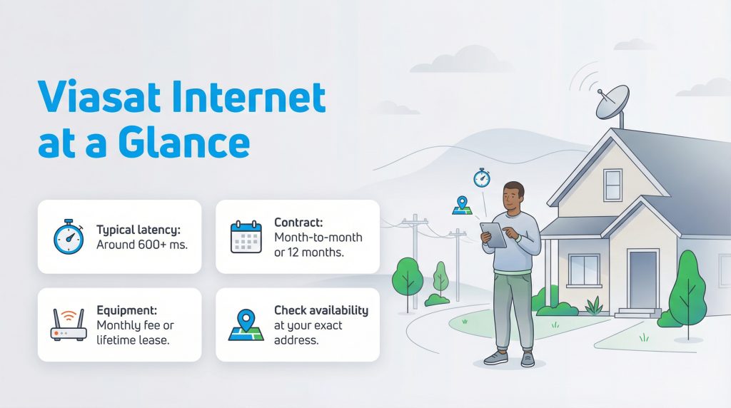 Infographic overview of Viasat Internet latency, contract terms, equipment fees, and availability.