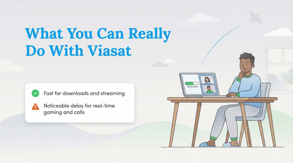 Illustration showing Viasat is fast for downloads but has noticeable delay for real-time activities.
