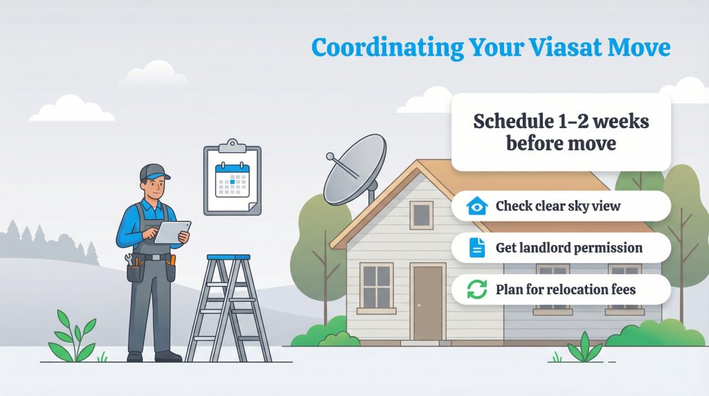 Viasat moving guide: schedule 1-2 weeks ahead, clear sky view, landlord permission, relocation fees.
