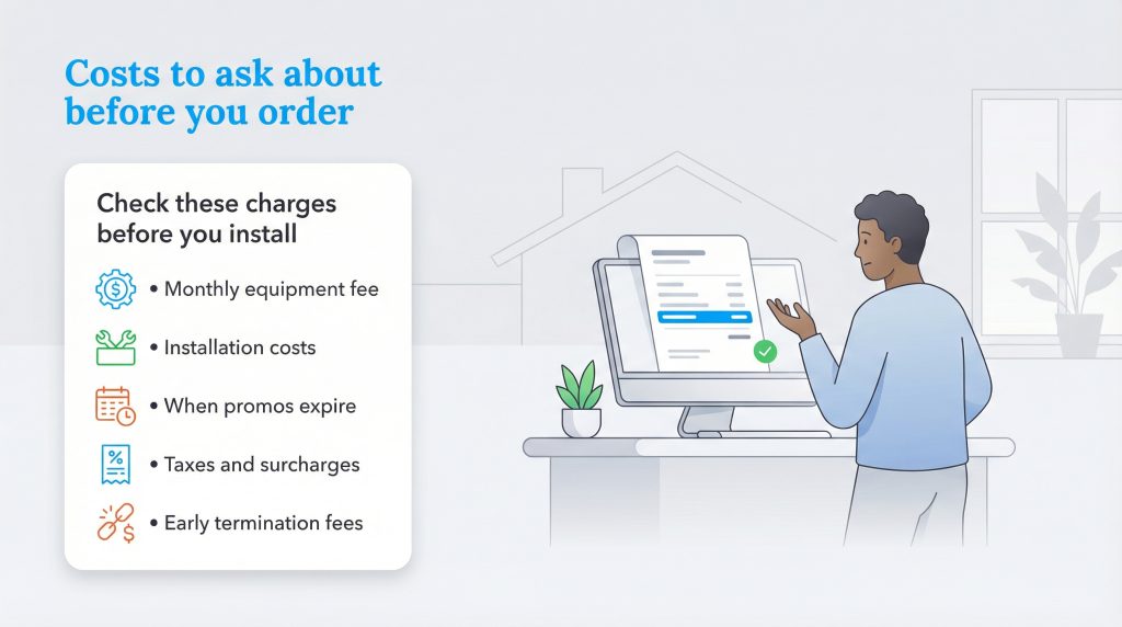 A person reviews a computer screen with a checklist of five extra costs to ask about before ordering service.