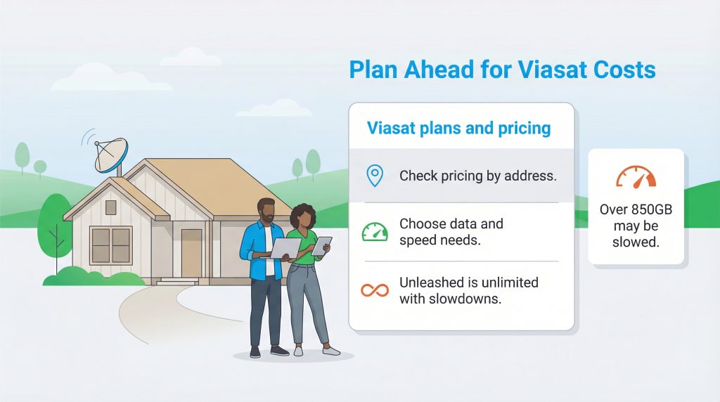 An infographic about Viasat plans, pricing, and potential speed slowdowns after 850GB.