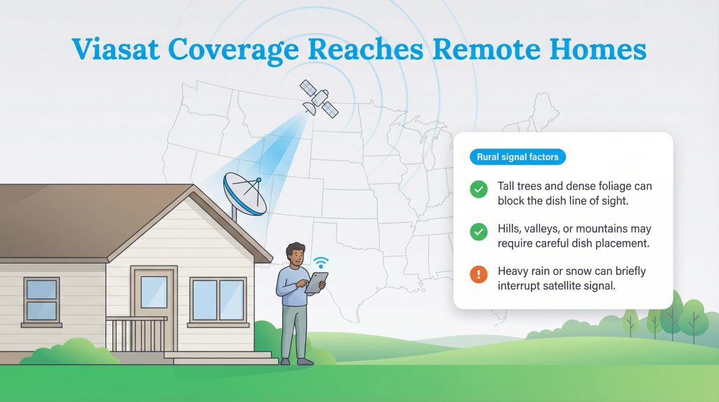 Viasat satellite internet reaching a remote house, showing signal factors like trees and weather.