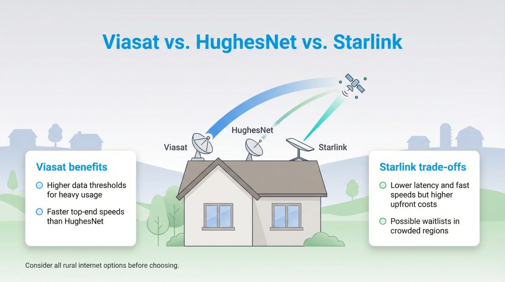A house with three satellite dishes labeled Viasat, HughesNet, and Starlink, illustrating a comparison of their benefits and trade-offs.