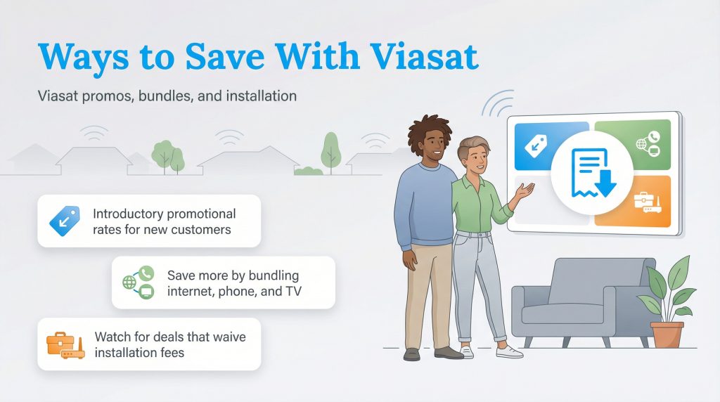 Graphic listing Viasat savings: introductory rates, bundling services, and waived installation fees.