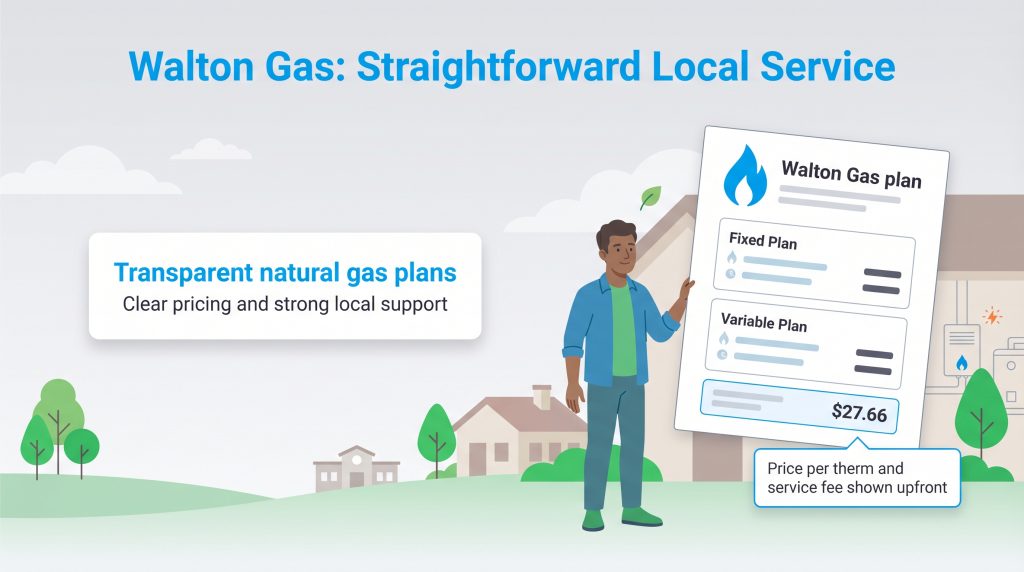A man shows a Walton Gas plan document detailing transparent fixed and variable pricing.