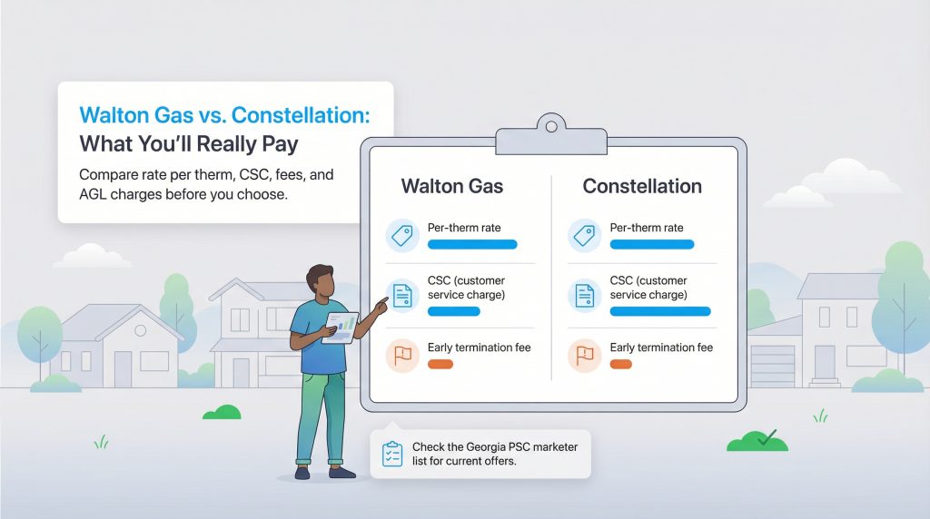 A person compares Walton Gas and Constellation rates and fees on a clipboard.