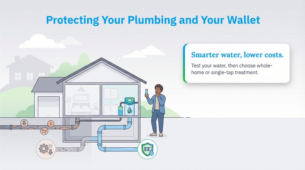 Man tests water by a home filtration system, showing clean protected pipes versus dirty, costly ones.