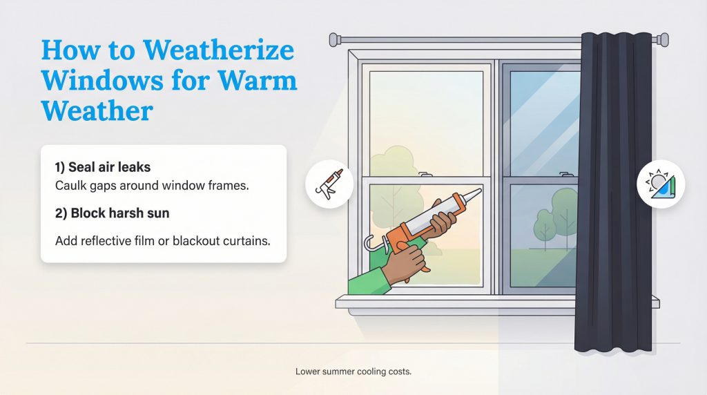 Illustration showing how to weatherize windows for warm weather by sealing air leaks with caulk and blocking harsh sun with curtains.