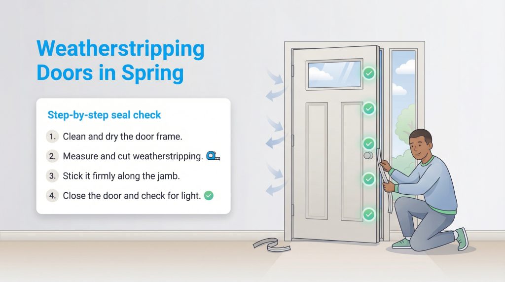 Illustration of a man installing weatherstripping on a door frame, next to a 4-step guide.