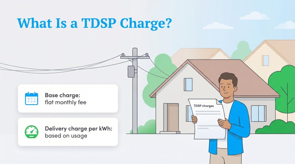Infographic showing TDSP charges include a flat monthly Base charge and a usage-based Delivery charge.