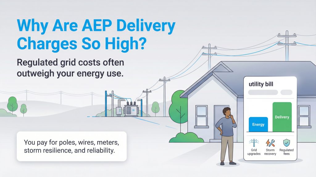 Utility bill shows high delivery charges covering grid costs like poles, wires, and storm resilience.