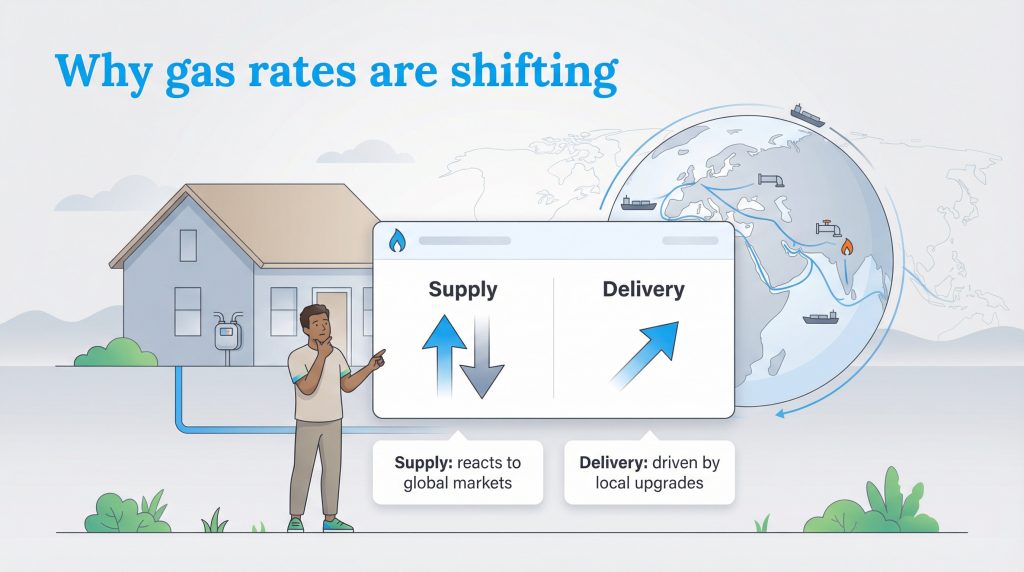 Diagram showing fluctuating global gas supply costs and rising local delivery costs.