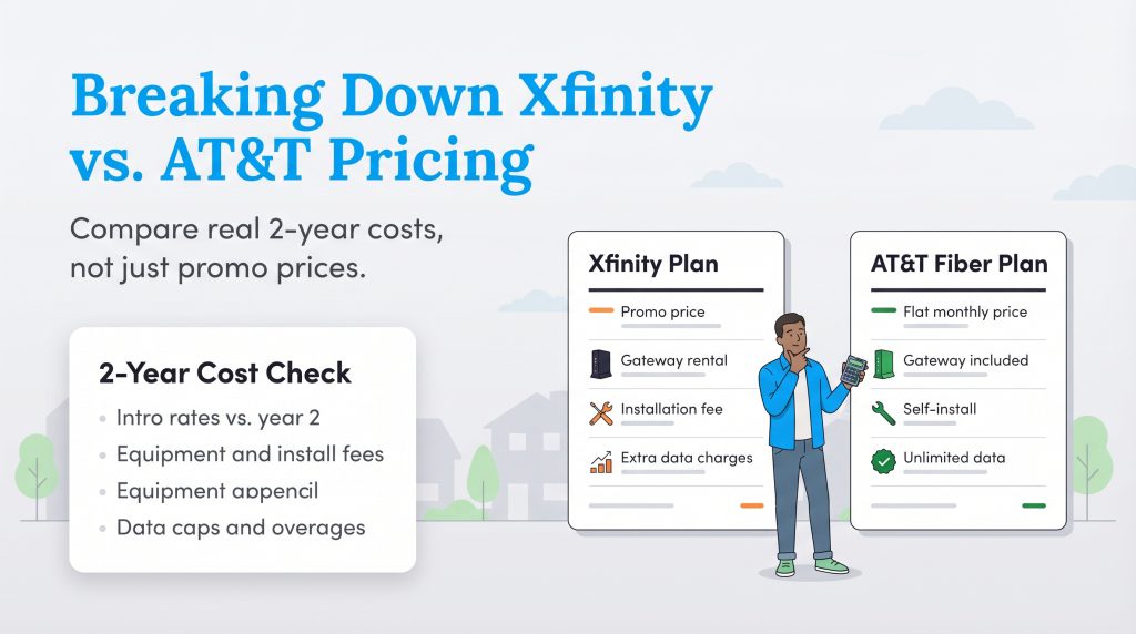Infographic comparing Xfinity's multiple separate fees against AT&T Fiber's inclusive flat monthly price.