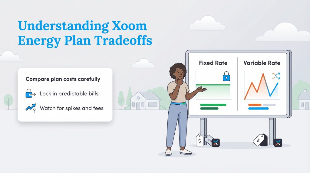 Illustration showing a comparison of Xoom Energy's stable fixed-rate plans versus fluctuating variable-rate plans on a whiteboard.