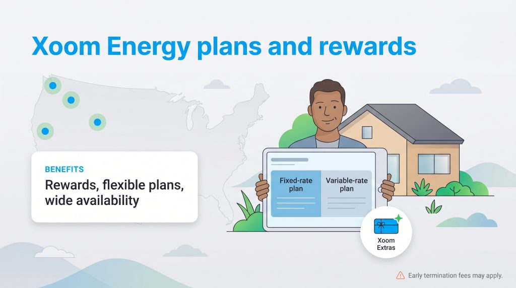 Illustration showing Xoom Energy's benefits: rewards, flexible fixed/variable plans, and wide availability across the US.