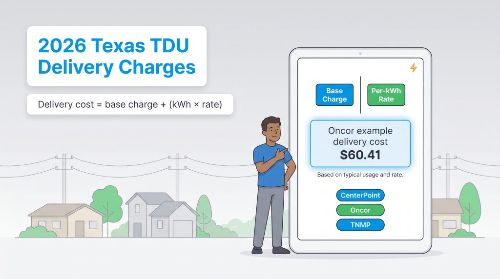 Infographic explaining the formula for 2026 Texas TDU delivery charges with an Oncor example of $60.41.