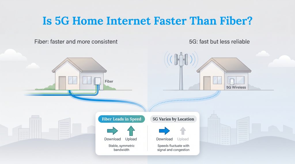 Comparison of faster, consistent fiber internet versus fast but variable 5G wireless internet.