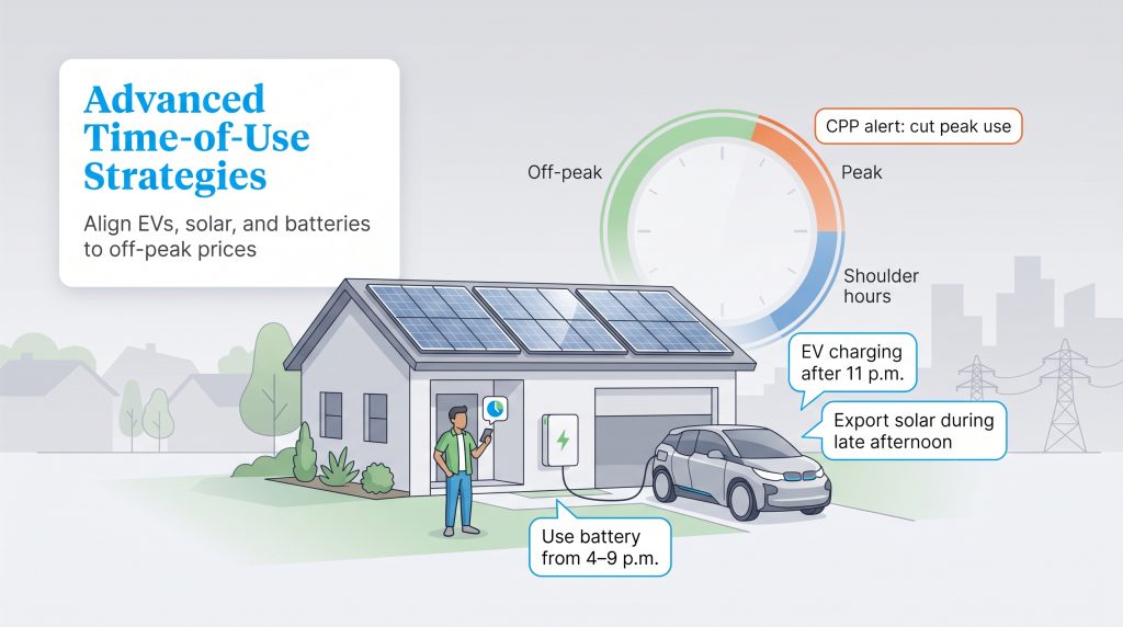 Infographic showing how to align EVs, solar, and batteries with time-of-use pricing for off-peak savings.