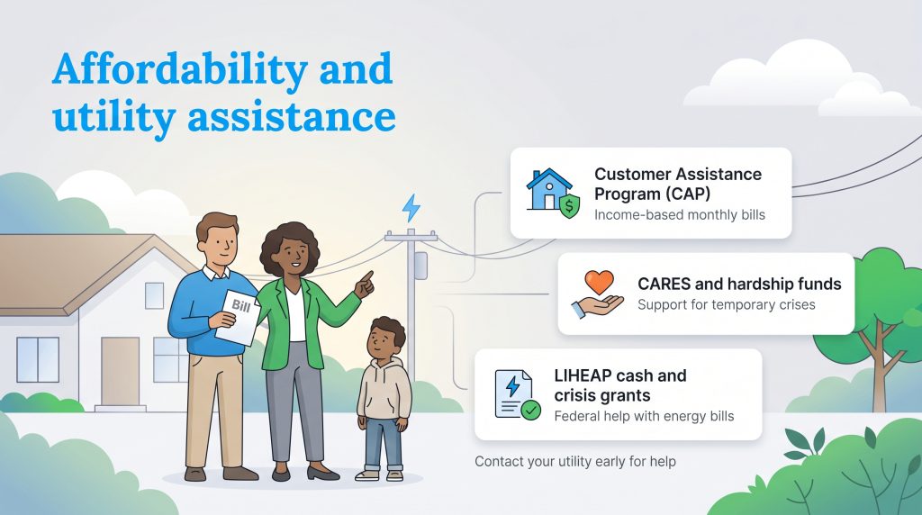 Infographic showing three utility assistance programs: CAP, CARES, and LIHEAP.