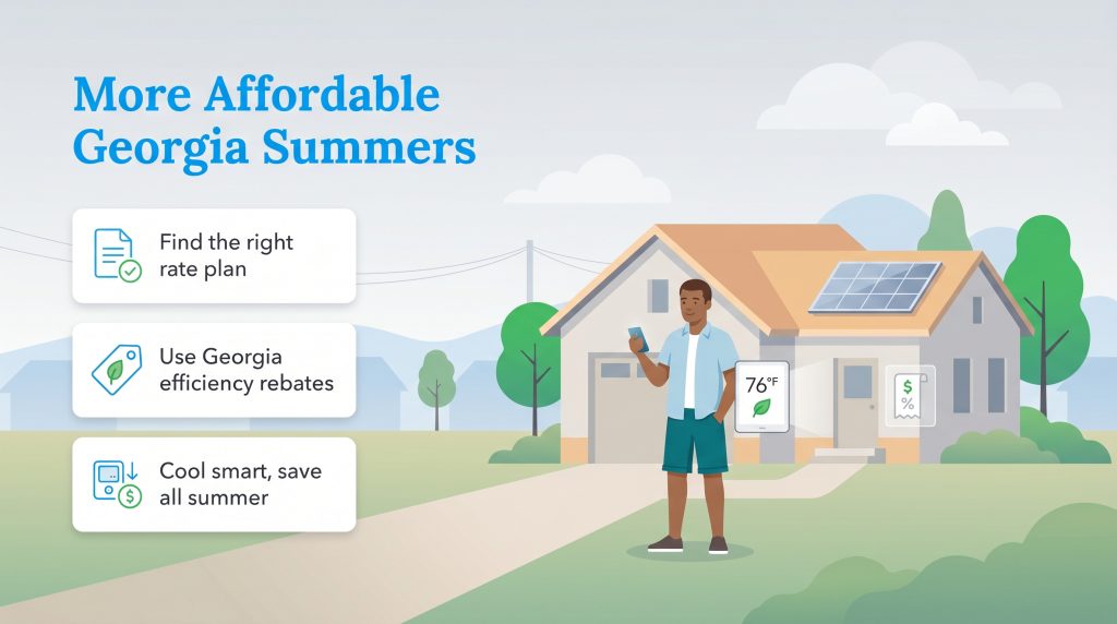 Illustration of a man by a solar-paneled house reviewing tips for affordable Georgia summers.