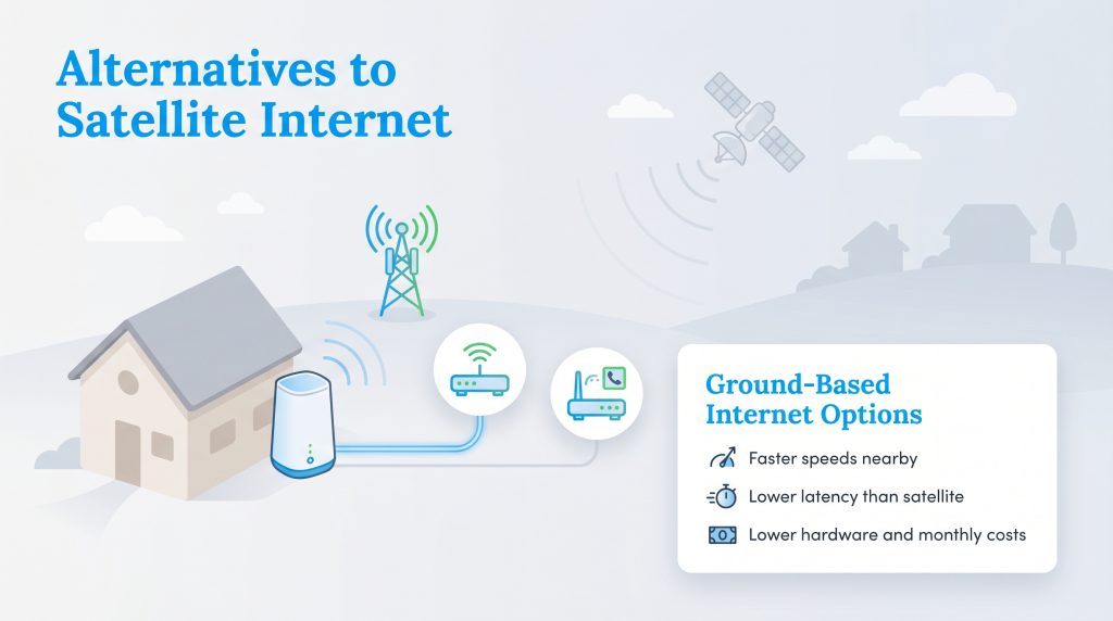 Diagram comparing satellite internet with ground-based alternatives, highlighting benefits like faster speeds and lower costs.